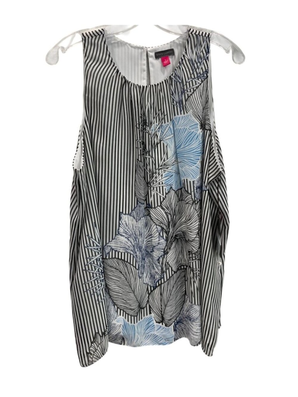 Vince Camuto Floral Striped Top L Black White Nautical Sailor Chiffon Feminine